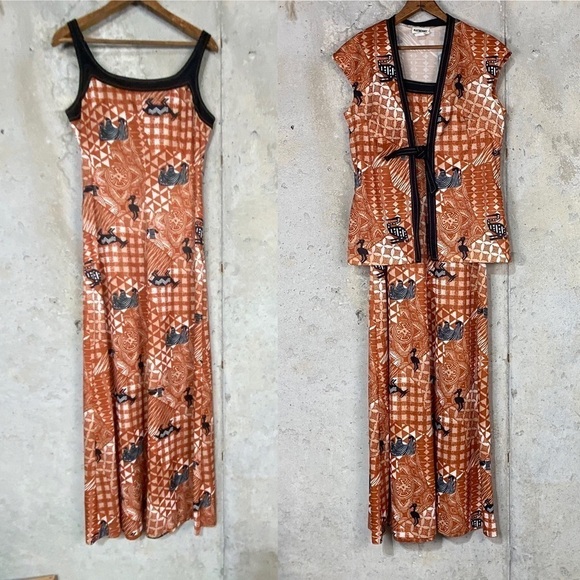 Vintage 80s burnt orange beige black zoo animal tribal maxi dress set medium - Picture 2 of 9